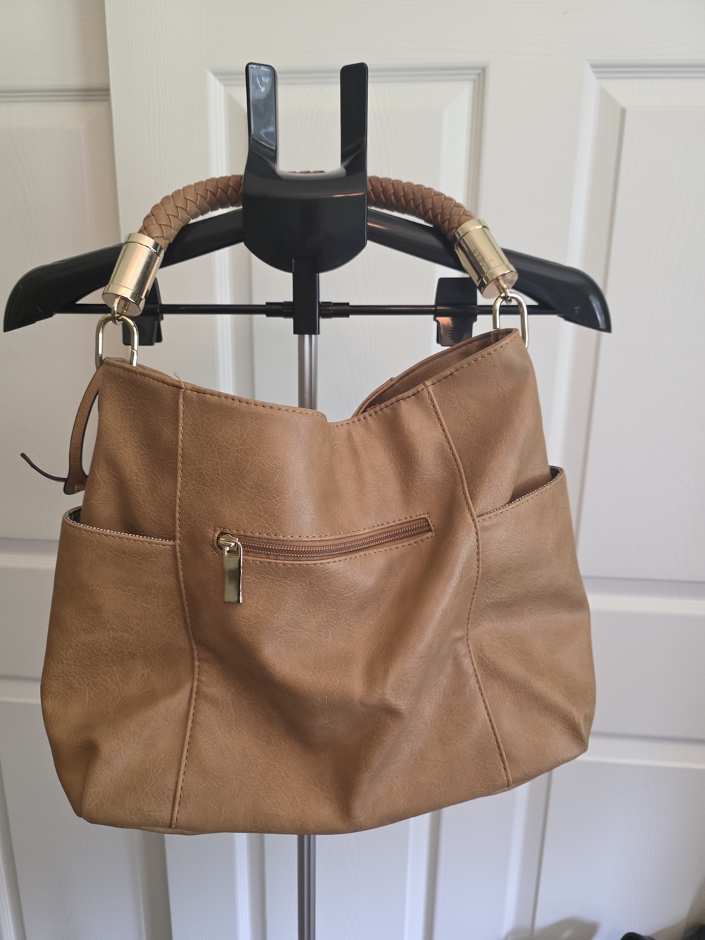 Source Unknown Cognac Braided-Handle Shoulder Bag with Gold Hardware